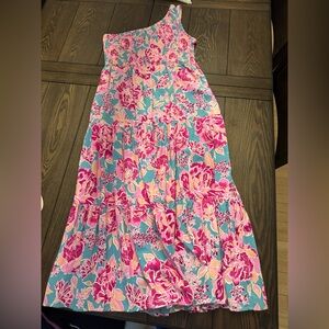 Anrabess One Shoulder Floral Maxi Dress in Teal & Fuchsia